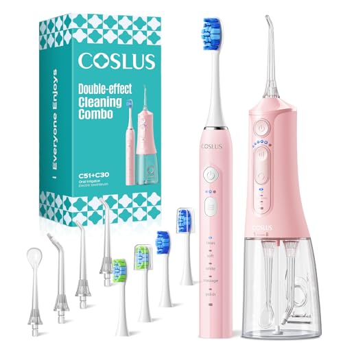 COSLUS Electric Toothbrush with Water Flosser Combo: Portable Oral Clean Kit for Teeth Brushing & Flossing, Multiple Modes for Multiple Users, Cordless for Home & Travel Use, Pink, C51C30