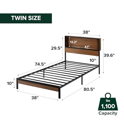 Image of Zinus Kai Platform Bed Frame, RGB LED Lights, No Box Spring Needed, Twin | Two-Tier Headboard for Space-Saving Storage, Built-in USB Charging Station, Soft Ambient Night Light