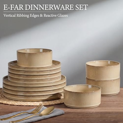 Image of E-far Stoneware Dinnerware Sets for 2, 6-Piece Plates and Bowls Sets, Chip & Scratch Resistant Ribbed Dish Set for Home Restaurant, Microwave & Dishwasher Safe, Caramel Khaki