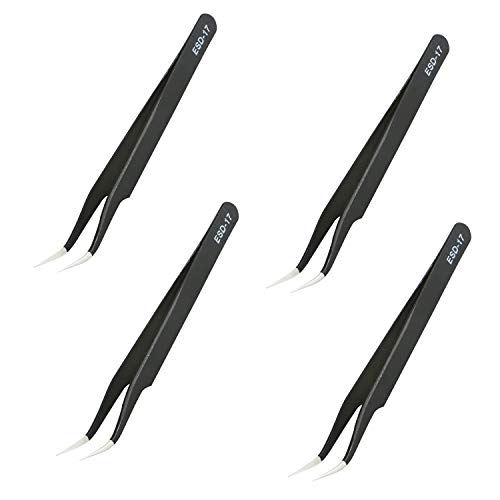 Aoje-Link ESD-17 Professional Anti-Static Precision Technology Tweezers, Non-Magnetic Fine Tip Curved, Stainless Steel Plastic Coated, Full Length 125mm, Black, 4pcs