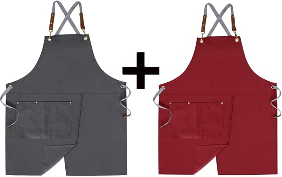 2 Pieces Pottery Apron,Split Apron with Adjustable Straps M-XXL,Grey and Red