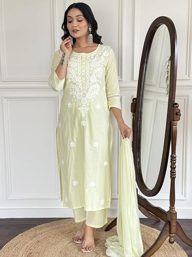 Image of Naixa Women's Cotton Embroidered Straight Kurta with Pant and Dupatta Sets (Available in Plus Size) (NX-572)