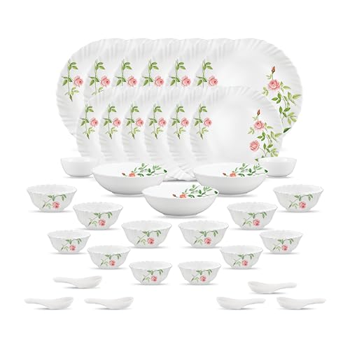Image of La Opala Opal Glass Crockery | for Family of 6 | Dinner Set 35 pcs Rose Garden | Plates & Bowls for Dining | Microwave Safe | 100% Vegetarian | Extra Strong | Extra Light & White