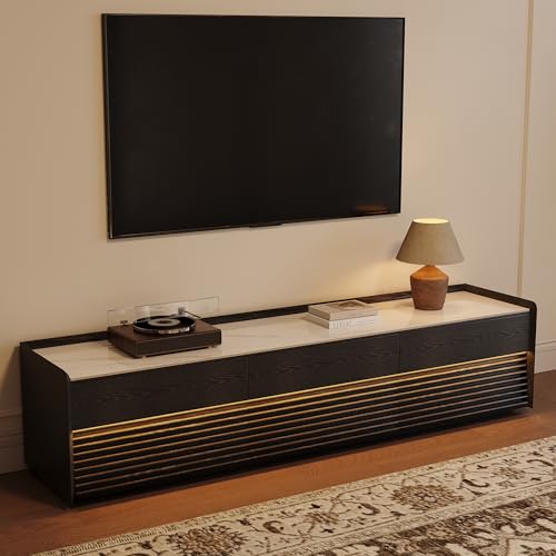 Image of POVISON Fully-Assembled Mid Century Glossy Sintered Stone TV Stand, 78.74 inch Wood Media Console with Adjustable LED Light, Entertainment Center with Storage for Living Room