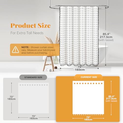 Image of BTTN Extra Long Shower Curtain - 72x84 Inch Long Boho Chic Tassel Linen Fabric Shower Curtain Set with Hooks, Modern Farmhouse Elegant Heavy Duty Cloth Shower Curtains for Bathroom - White and Black
