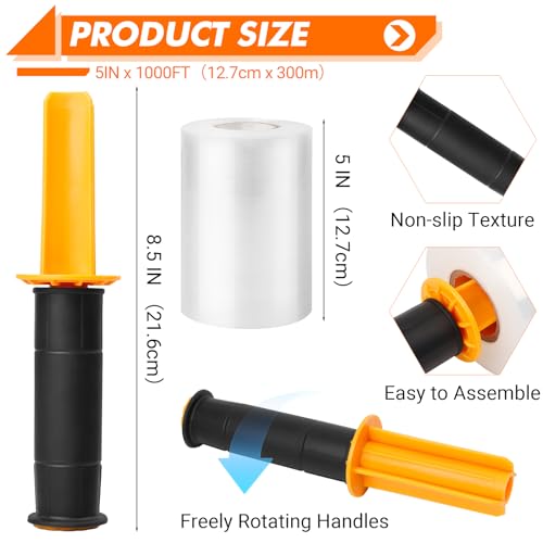 Origuuds Stretchfolie Strechfolienrolle mit Griffen Wickelfolie Verpackungsfolie Verpackungsmaterial Packfolien Dehnbare Palettenfolie Umzugsfolie Für Möbel (Transparent/12.8cm x 300m, 1 Rollos)