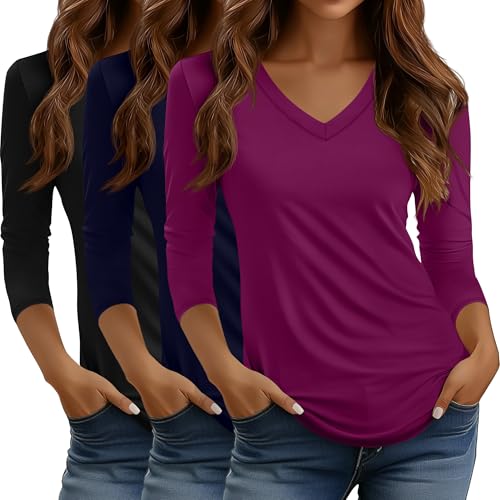 Riyiper 3 Pack V Neck 3/4 Sleeve Tops for Women Dressy Casual Loose Fit T Shirts Trendy Basic Tunic Tees