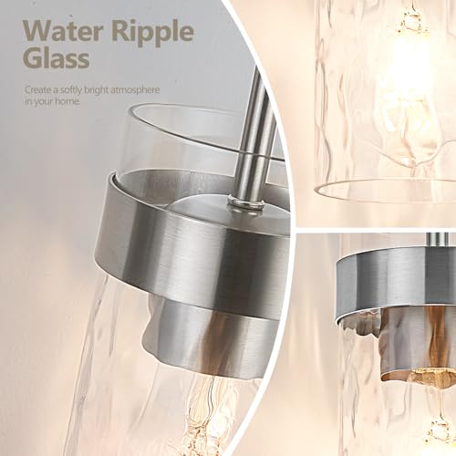 Image of Water Ripple Glass Pendant Lights Kitchen Island Brushed Nickel, 3 Pack | Adjustable Modern Mini Hanging Light for Sink Dining Room Foyer Entryway