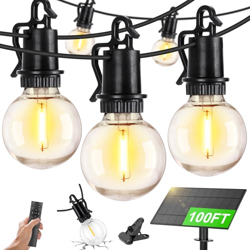 100FT Solar Lights Outdoor String Lights Waterproof G40 Patio lights Solar Powered with Remote USB Port 30+2 LED Shatterproof Bulbs 3 Light Modes, Dimmable Solar Lights for Camping for Porch Backyard