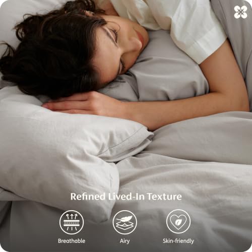 Image of Bedsure 100% Washed Cotton Duvet Cover King - Light Grey Minimalist Bedding Set Linen Like - PureWoven Plain Simple & Soft Comforter Cover for All Seasons (King, 104 inchx90 inch)