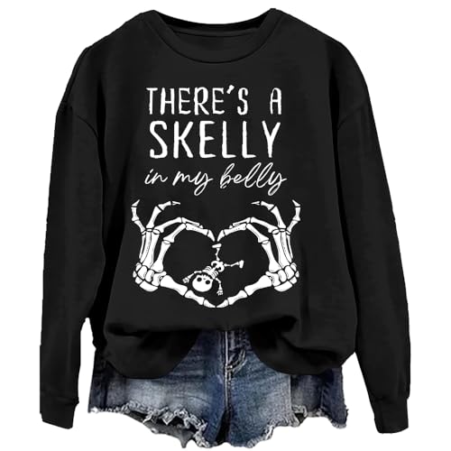 There's A Skelly In My Belly Sweatshirt Funny Skeleton Halloween Sweatshirt Unisex Graphic Long Sleeve Tee