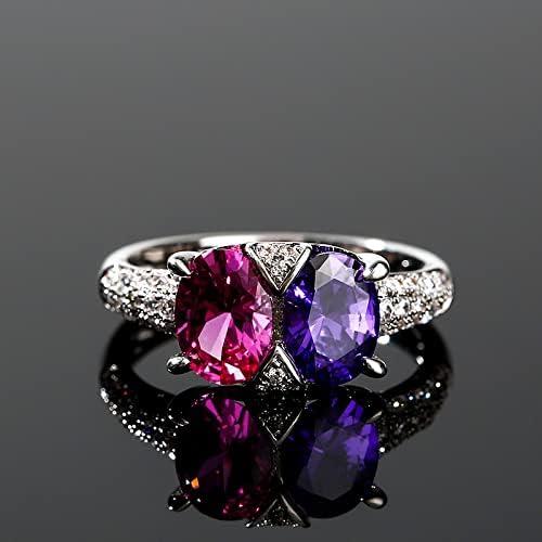 Jeulia Sterling Silver Purple Amethyst Women Ring Women's 2-Stone Engagement Ring Oval Fancy Pink diamond Promise Wedding Band Anniversary Crystal Halo Bridal Ring Set with Jewelry Gift Box