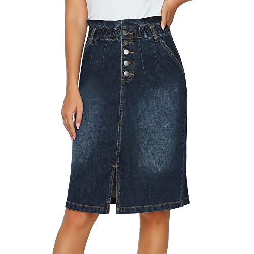 Women's High Tummy Control Stretchy Denim Mid Skirts Waisted Elastic Button Jeans Skirt Casual with Pockets ﻿