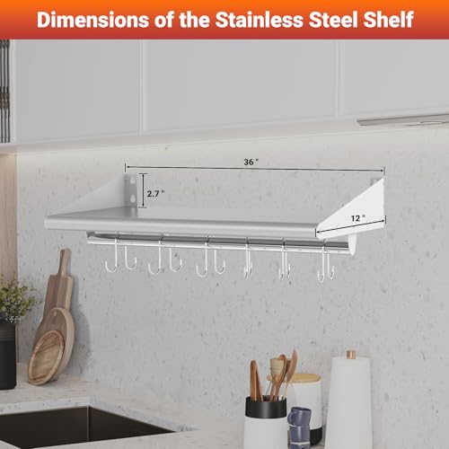 Image of Skyflame 12 inchx36 inch Stainless Steel Wall Mount Floating Shelving with 6 Hooks