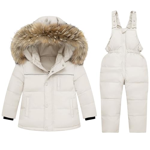 Hecxagd Toddler Snow Suit Winter Coat and Snow Pants Set, Baby Snowsuit Boys & Girls Snowsuit, Waterproof Warm Jacket and Snow Bib for Kids, Beige 2-3T
