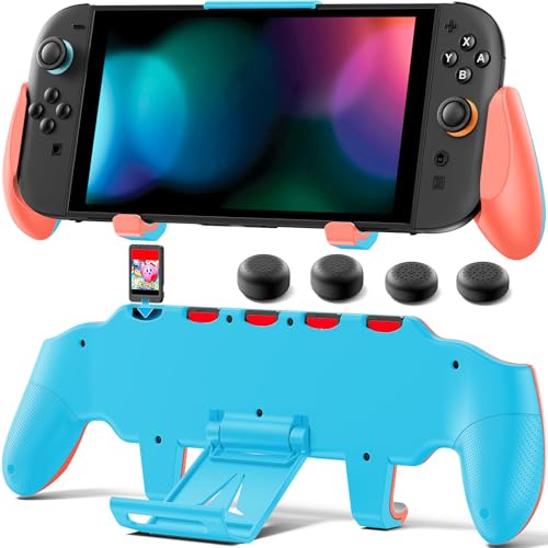 Image of OIVO Grip Compatible with Nintendo Switch 2, Switch 2 Ergonomic Grip Case with Adjustable Stand, Comfort Game Accessories with 5 Game Card Slots and 4 Thumb Caps, Orange Blue
