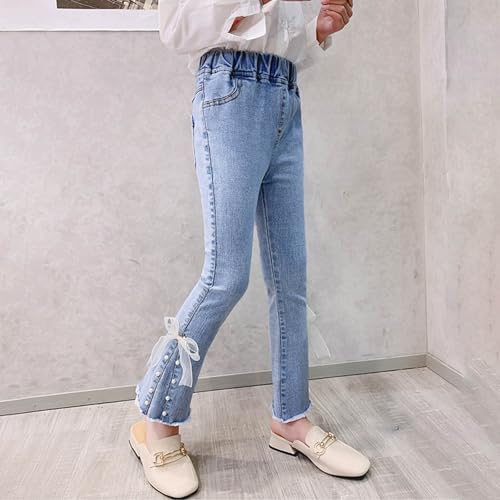 Girls Jeans Denim Flare Pants High Waist Stretch Bell Bottom Pants Pearl Bow Knot Jeans with Pockets Streetwear Clothes4