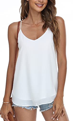 MISS MOLY Top Damen Chiffon Tank Top Sexy V-Ausschnitt Ärmellose T Shirt Blusentop Lässige Trägertop Weiß Small