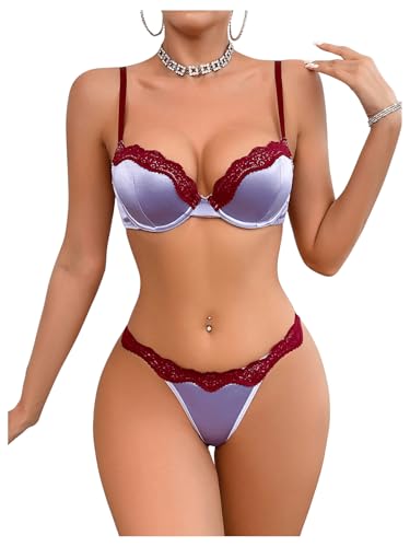 SOLY HUX Women's Lace Trim Lingerie Sexy Underwire Push Up Bra and Panty 2 Piece Set
