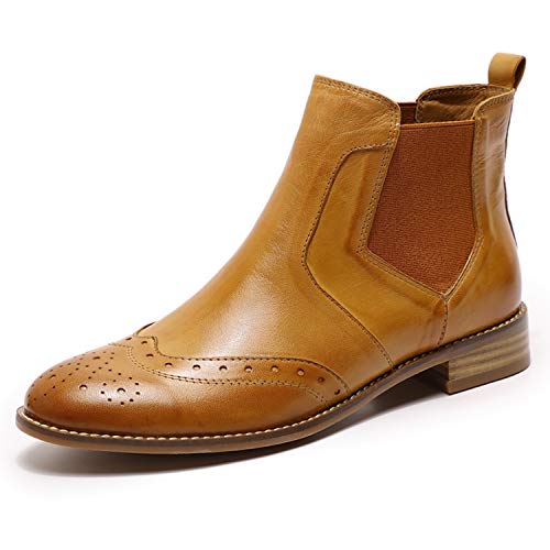 Mona flying Womens Classic Leather Chelsea Boot Ankle High Fashion Low Heel Pull on Wingtip Brogue Booties