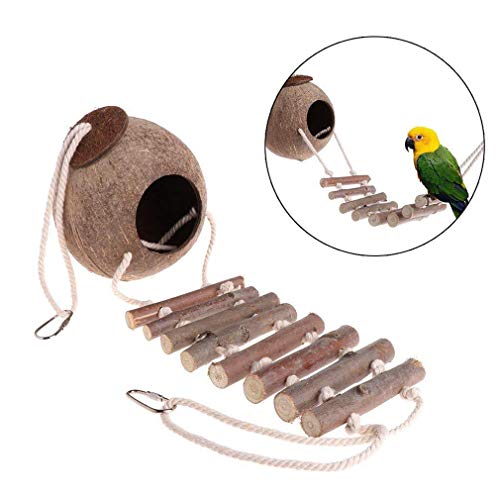 ZHER-LU Natuurlijke kokosnootschaal, vogelnest, hout, stro, ladder, speelgoed voor vogels, papegaaien, zittafels… - Afbeelding 3