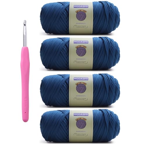 Image of Mooaske 4 Pack T-Shirt Crochet Yarn for DIY Knitting Crochet Cloth Blanket Bag Dolls - 800g Chunky Thick Yarn for Crocheting with Polyester-Spandex Blend Elastic Fabric (Denim Blue)