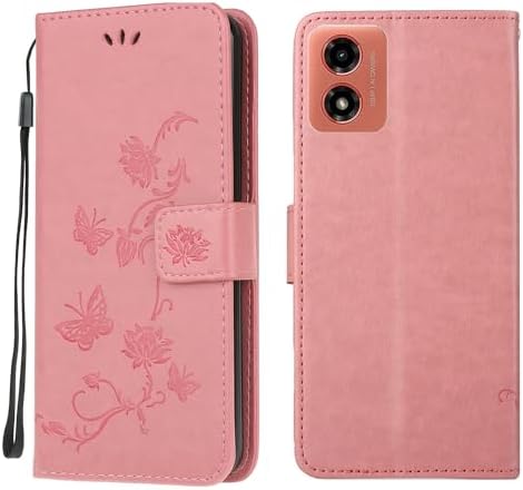 Reevermap Motorola Moto E14 Case Glitter Crystal Flip PU Leather Phone Cover For Motorola Moto E14, Shockproof Wallet Card Slots Butterfly Gems Bling Shiny Magnetic Clasp Kickstand, Rose Gold