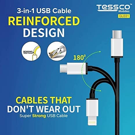 Image of (Tessco GU-331) 3 in 1 USB Cable for Type-C, Micro USB, for All Smartphones, Tablet with Rapid Charging Support (1M, Black)