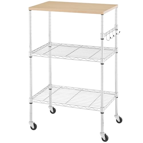 450Lbs Capacity Microwave Cart with Wheels 3 Tier Rolling Cart with Adjustable Shelves Multifunctional Metal Utility Cart Storage Kitchen Cart on Wheels 236 L157 W37 H WoodChrome