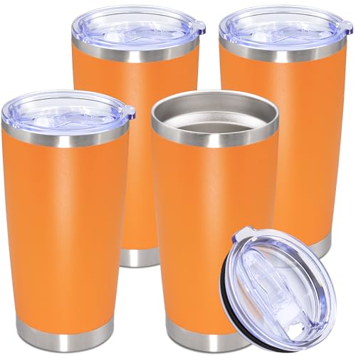 Bicchiere da 590 ml, in acciaio inox, con coperchio, isolamento sottovuoto, doppia parete, tazza da viaggio, resistente verniciata a polvere, per bevande calde e fredde, arancione, confezione da 4