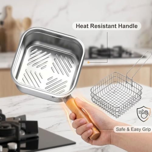 Image of Stainless Steel Deep Fryer Pot with Basket Wooden Handle Small Oil Frying Pan for French Fries Chicken Fish Shrimp Induction Gas Compatible Kitchen Fry Pot with Strainer Basket