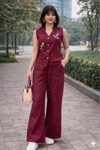 Image of Lyssa Yellow Ember Embroidered Co-Ord Set for Women, Sleeveless Vest with Wide-Leg Trousers