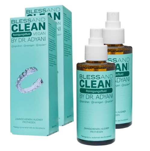 BLESSAND CLEAN 2er Set Reinigungsfluid by Dr. Adyani Reinigungsspray für Zahnschienen Aligner & Prothesen | Entfernt Beläge & Gerüche sanft & materialschonend vegan Made in Germany