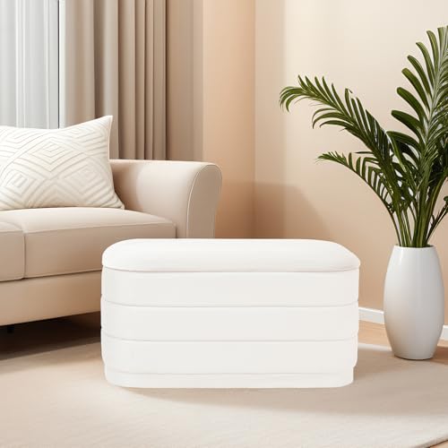 Image of 30 inch Velvet Storage Ottoman Bench with Wooden Tray Lid, Folding Large Upholstered Ottoman Footstool for Living Room, Rectangular Padded Foot Rest for Bedroom Living Room Dorm, White