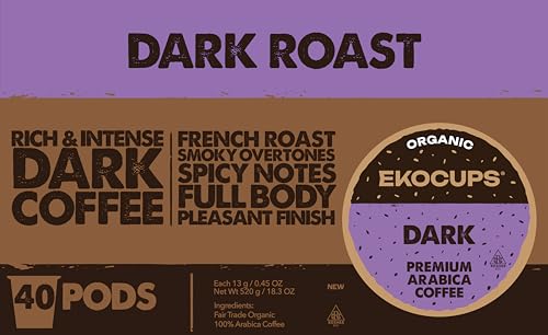 EKOCUPS Organic Dark Roast Coffee Pods, Strong Bold Dark Roast Flavor - USDA Certified Organic - Single Serve Cups for Keurig K Cups Coffee Makers, Box of 40 Recyclable Capsules