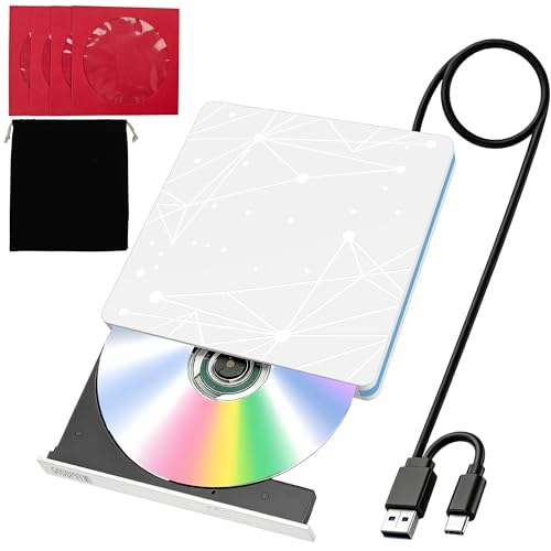 Image of External CD /DVD Drive for Laptop, USB CD Drive, USB C Plug and Play Optical Drive, Portable CD Burner, Compatible Windows 11 /10 /8 /7 XP Linux MacOS, w /Storage Bag & 4 disc Bags