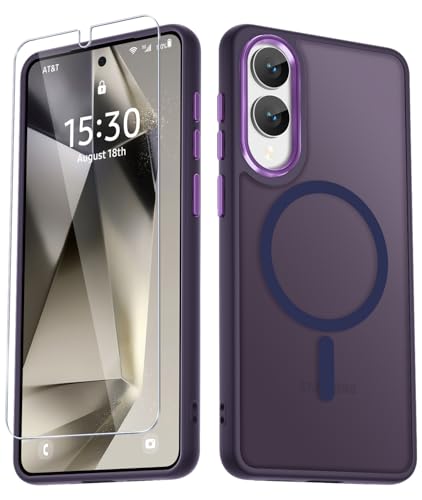 Image of YENAPOON for Samsung Galaxy S25 Edge Case, Matte Magnetic Phone Case with 1 Screen Protector, Support for Magsafe, Translucent Frosted Shockproof Protective Cover for Samsung Galaxy S25 Edge, Purple