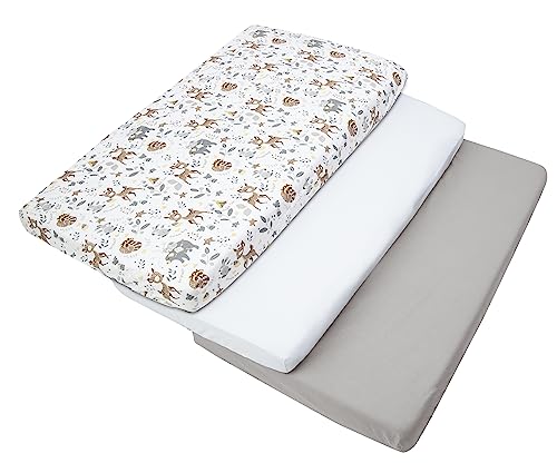 Medi Partners Set of 3 pcs. Fitted Sheet 60x120 cm 100% Cotton Baby Bed Linen Mattress Cot, Deer-white-grey, Three pack