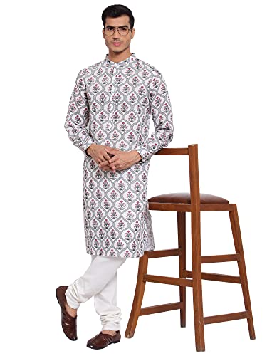 Image of Style Quotient Men Off White Floral Printed Thread Work Kurta