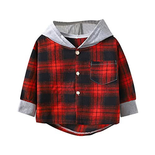 Toddler Kids Boys Girls Flannel Hooded Plaid Shirt Buffalo Plaid Shirts Button Down Jacket Top Outfit Fall Winter Clothes