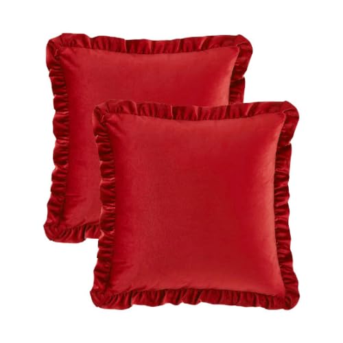 Image of Velvet Red 14x14 Pillow Covers, Set of 2 Decorative Ruffle Cushoin Pillow Covers for Sofa Couch