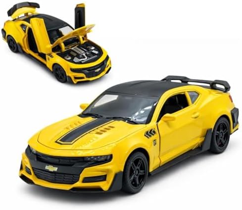 Miniatura Camaro Bumblebee Escala 1/32, Carrinho de Ferro com Fricção e Faróis Acendem (Amarelo)