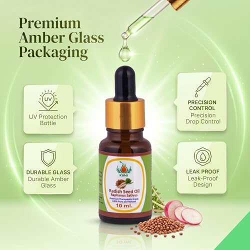 Image of KUNJ Radish Seed Oil (Raphanus sativus) 10ML - 100% Pure & Natural Cold Pressed Undiluted Carrier Oil for Hair Growth, Scalp Care, Skin Nourishment & DIY Beauty Blends