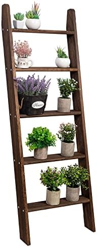 Rustic 5-Tier Wall-Leaning Wood Loadder Towel Racks for Bathroom Livingroom Kithen Office Woden Farmhouse Ladder-Style Blanket Rack Multipurpose Organizer Rack for Home (Brown)