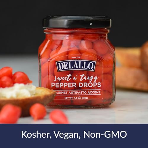 DeLallo Sweet & Tangy Pepper Drops, Red Peruvian Mini Peppers in Zesty Vinegar Marinade, Gourmet Condiment for Charcuterie and Salads, Non-GMO, Vegan, 4.3 oz. Jar