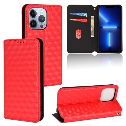 Étui iPhone 13 Pro rouge motif carbone et cuir au design portefeuille magnétique premium