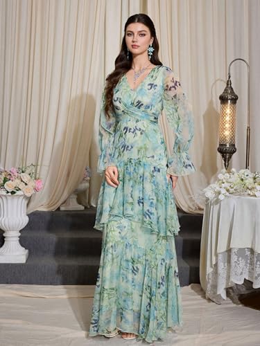 Image of TOLEEN Summer Casual Dresses for Women 2024 Spring Fashion Boho V Neck Long Sleeve Ruffle Floral Print Elegant Maxi Dress