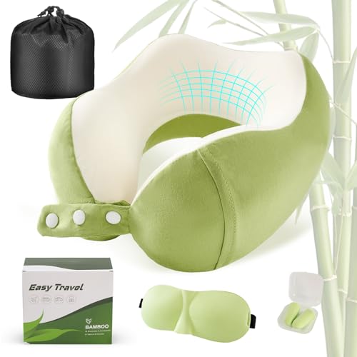 Image of Cirorld Neck Pillow for Traveling, Travel Pillows for Airplanes,100% Pure Memory Foam Travel Neck Pillow, Adjustable Flight Pillow, Portable Plane Accessories with Eye Mask, Earplugs, Carry Bag