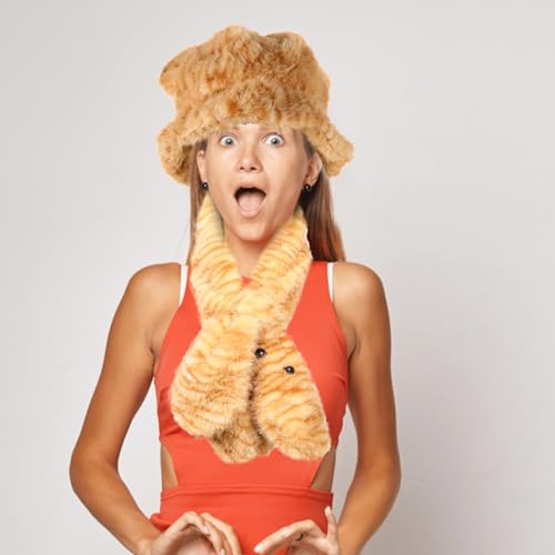 BESPORTBLE 1Set Cute Tiger Print Plush Hat and Scarf Women Warm Dual Purpose Beanie and Scarf Fuzzy Winter Accessory for Cold Weather Cheetah Print Bonnet and Animal Hat Light Brown4