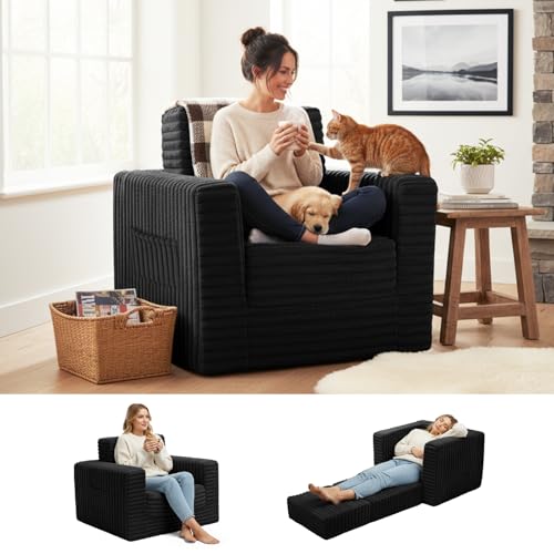 Welnow Sofá-cama dobrável com otomano, cama conversível 2 em 1 futon para adultos, sofá-cama dobrável com encosto para sala de estar, quarto ou dormitório, preto